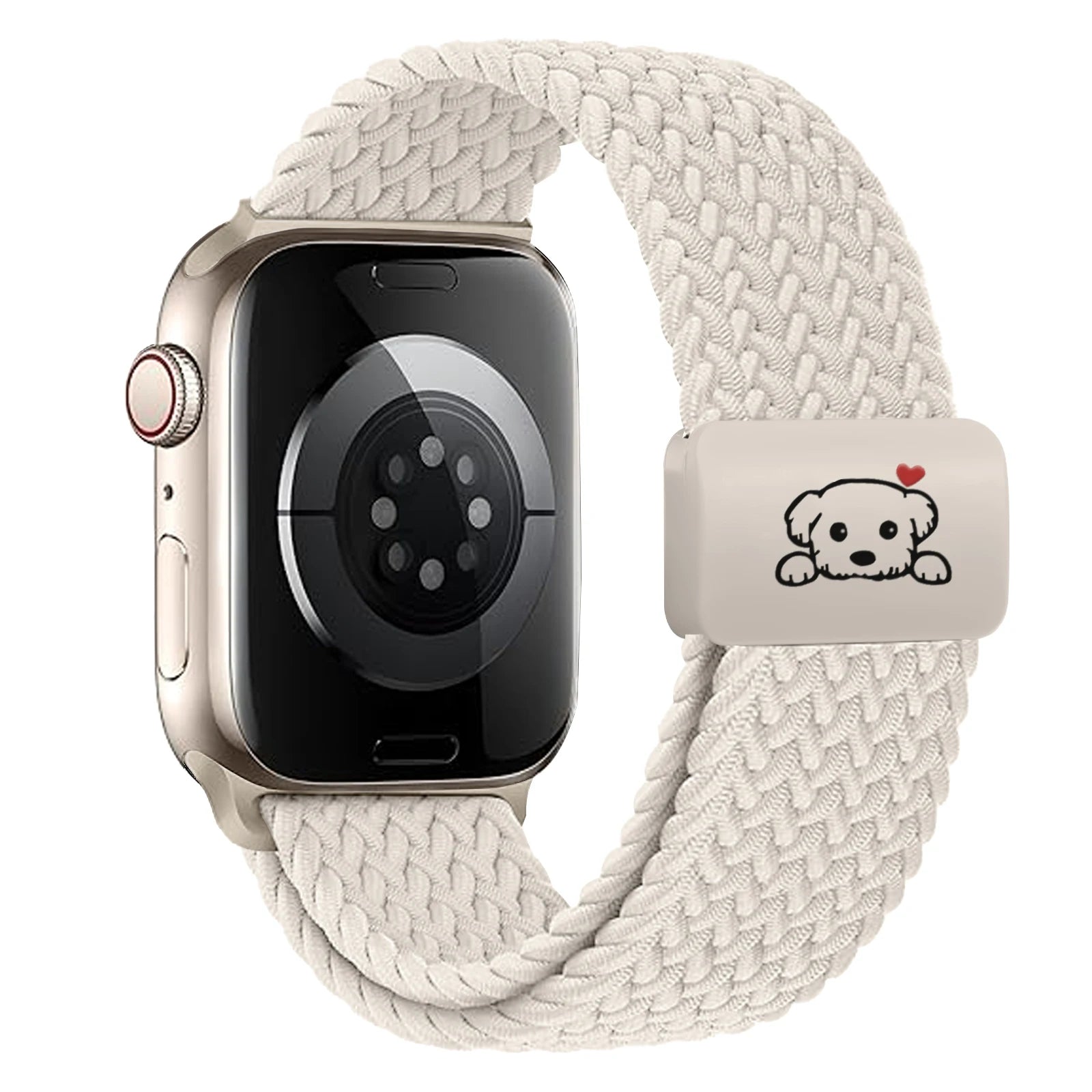 Magnetic Puppy Braided Apple Watch Band 38–49mm Series 1–10 with cute puppy clasp on a stylish strap.