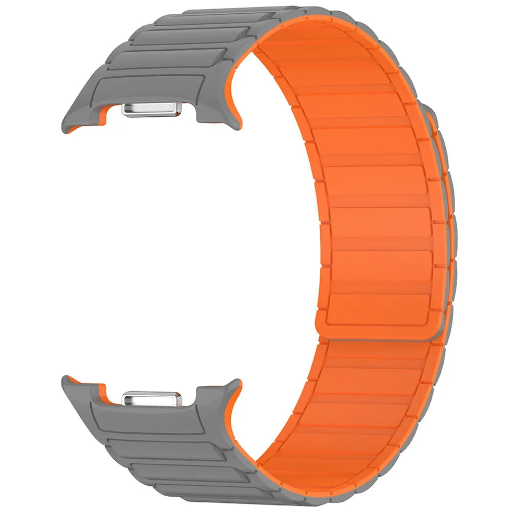Magnetic Silicone Loop Band for Samsung Galaxy Watch 8 40/44/46mm in gray and orange design.