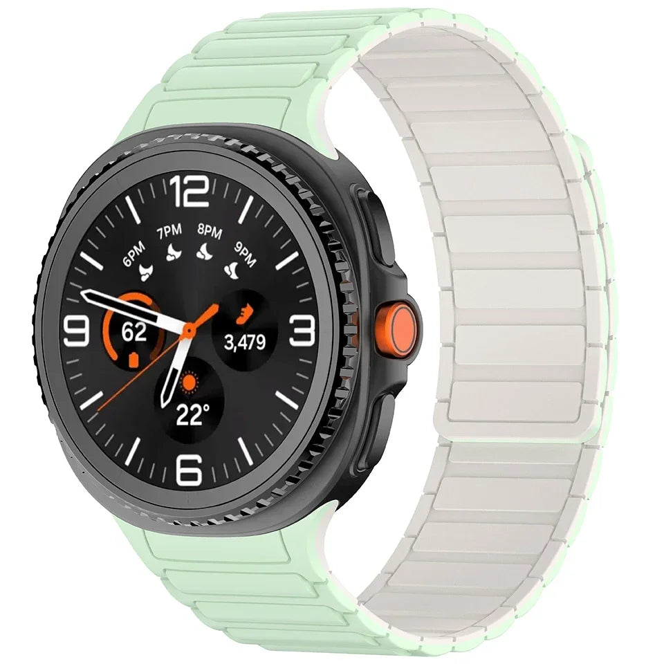 Magnetic Silicone Loop Band for Samsung Galaxy Watch 8 40/44/46mm, modern design in light green, fitted with smartwatch.
