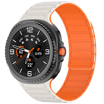 Magnetic Silicone Loop Band for Samsung Galaxy Watch 8 40/44/46mm in a modern design with orange and white colors.