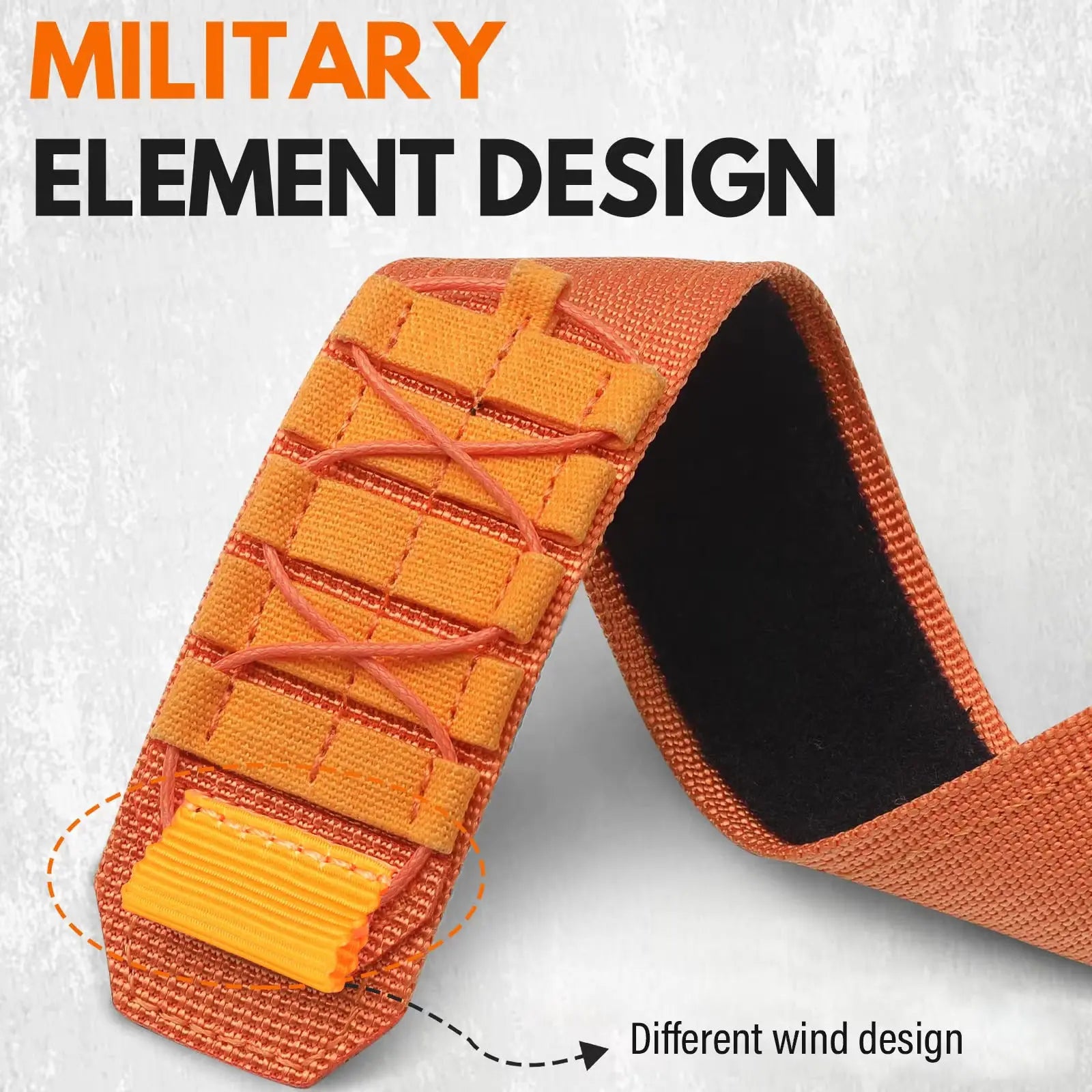 Tactical nylon loop band for Apple Watch featuring military element design in orange, showcasing durability and style.