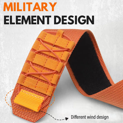 Tactical nylon loop band for Apple Watch featuring military element design in orange, showcasing durability and style.