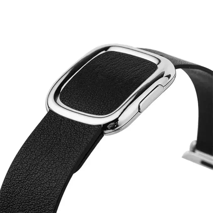 Close-up of a modern buckle band made of black leather, featuring a stylish silver magnetic closure for Apple Watch.