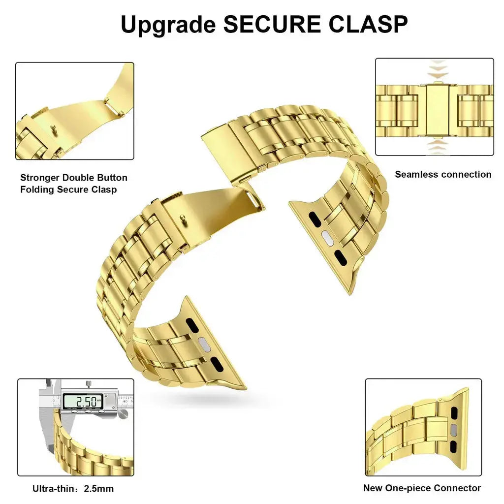 Gold stainless steel link bracelet with upgraded secure clasp, ultra-thin design for Apple Watch compatibility.