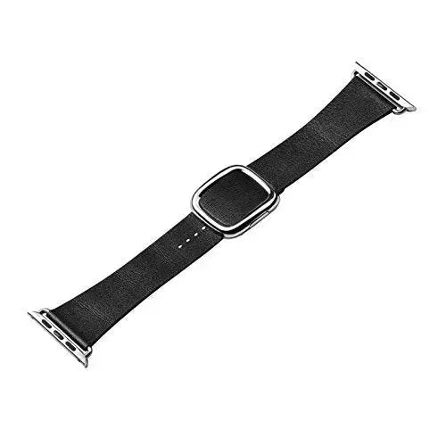 Modern Buckle Band in smooth black top-grain leather with a sleek magnetic closure for Apple Watch.