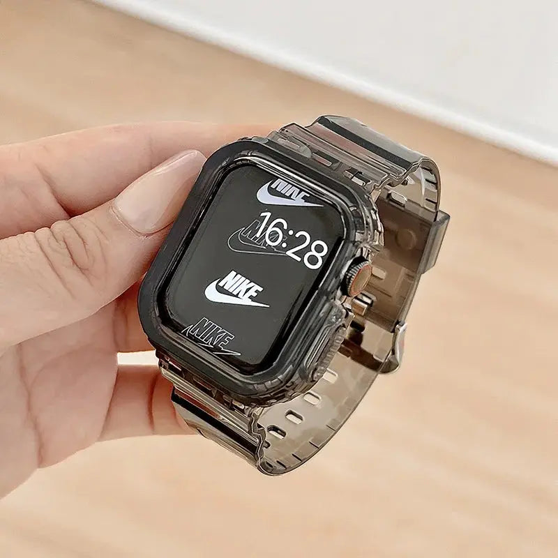 Apple Watch Clear Case and Strap displayed in hand, featuring a transparent design and durable strap for 360° protection.