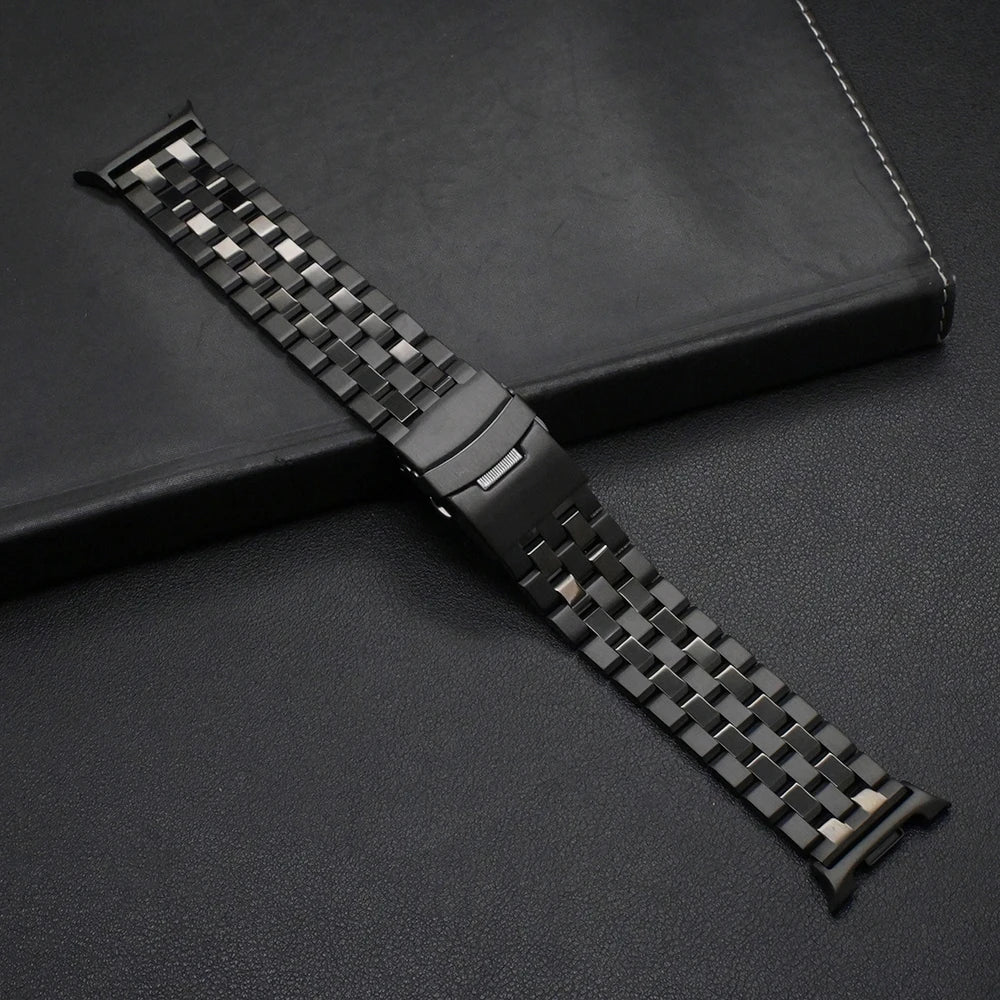 No Gaps Stainless Steel Bracelet for Samsung Galaxy Watch 8/Classic 46mm displayed on a black surface.