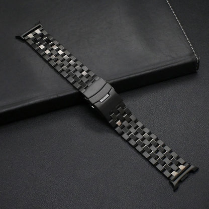 No Gaps Stainless Steel Bracelet for Samsung Galaxy Watch 8/Classic 46mm displayed on a black surface.