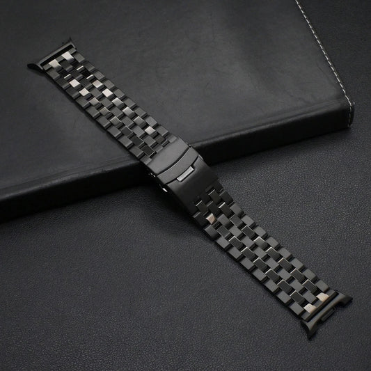 No Gaps Stainless Steel Bracelet for Samsung Galaxy Watch 8/Classic 46mm displayed on a black surface.