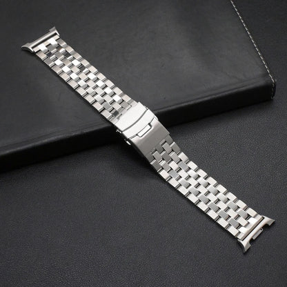 No Gaps Stainless Steel Bracelet for Samsung Galaxy Watch 8/Classic 46mm on a black surface.