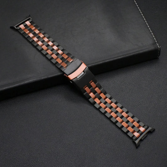 No Gaps Stainless Steel Bracelet for Samsung Galaxy Watch 8/Classic 46mm displayed on a black leather surface.