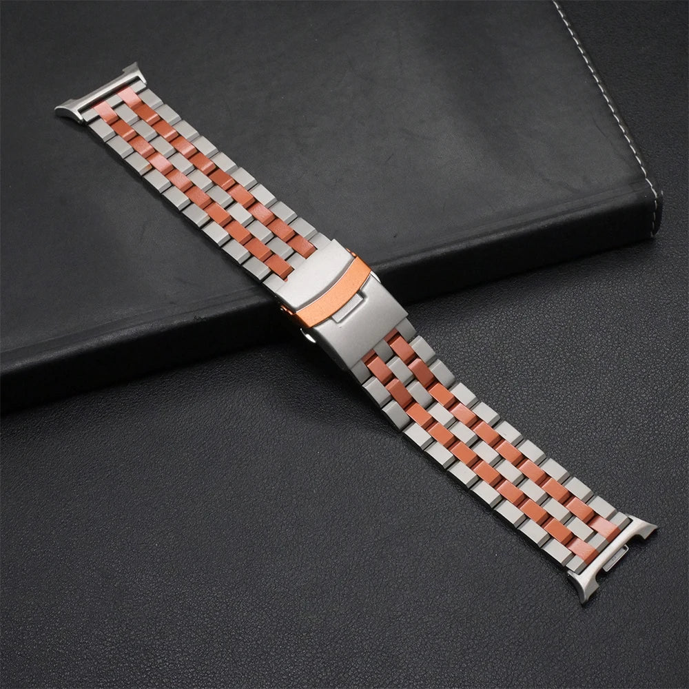 No Gaps Stainless Steel Bracelet for Samsung Galaxy Watch 8/Classic 46mm displayed on a black leather surface.