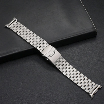 No Gaps Stainless Steel Bracelet for Samsung Galaxy Watch 8/Classic 46mm displayed on a black surface.