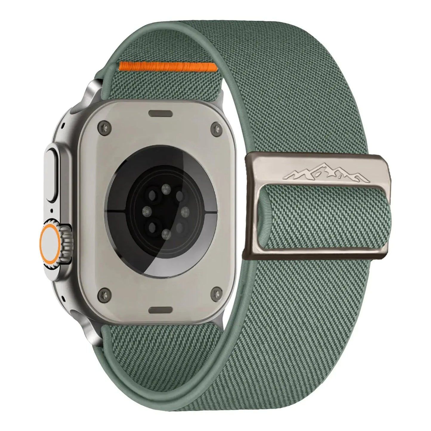 Nylon elastic strap with titanium buckle for Apple Watch, featuring a braided solo loop design in green and orange accents.