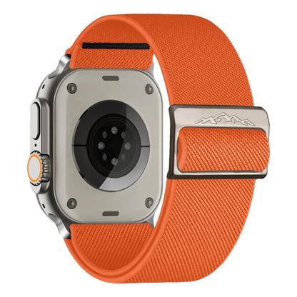 Nylon elastic strap with titanium buckle for Apple Watch, featuring an orange braided solo loop design. Compatible with various sizes.