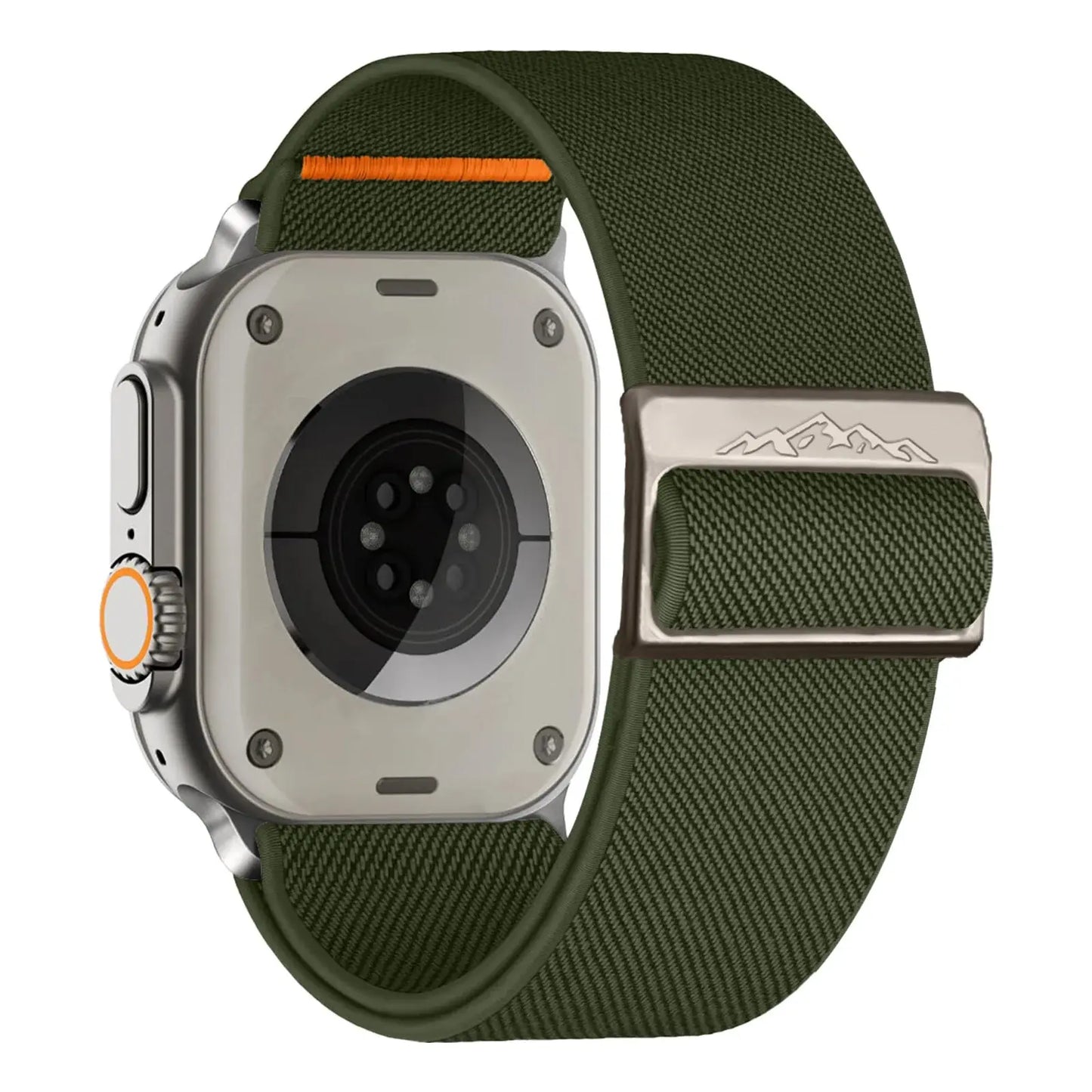 Nylon elastic strap with titanium buckle for Apple Watch, 45mm band in olive green with quick fit connector.