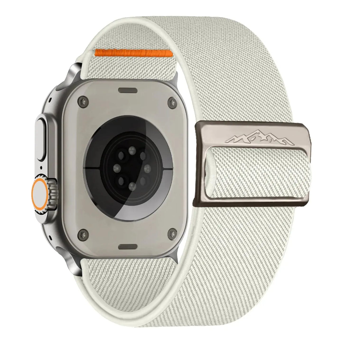 Nylon elastic strap with titanium buckle for Apple Watch, light gray braided loop, compatible with 41mm to 49mm models.