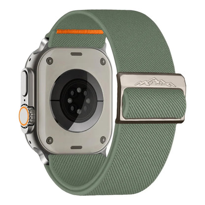 Nylon elastic strap with titanium buckle for Apple Watch in green color, suitable for 45mm, 44mm, and 49mm models.