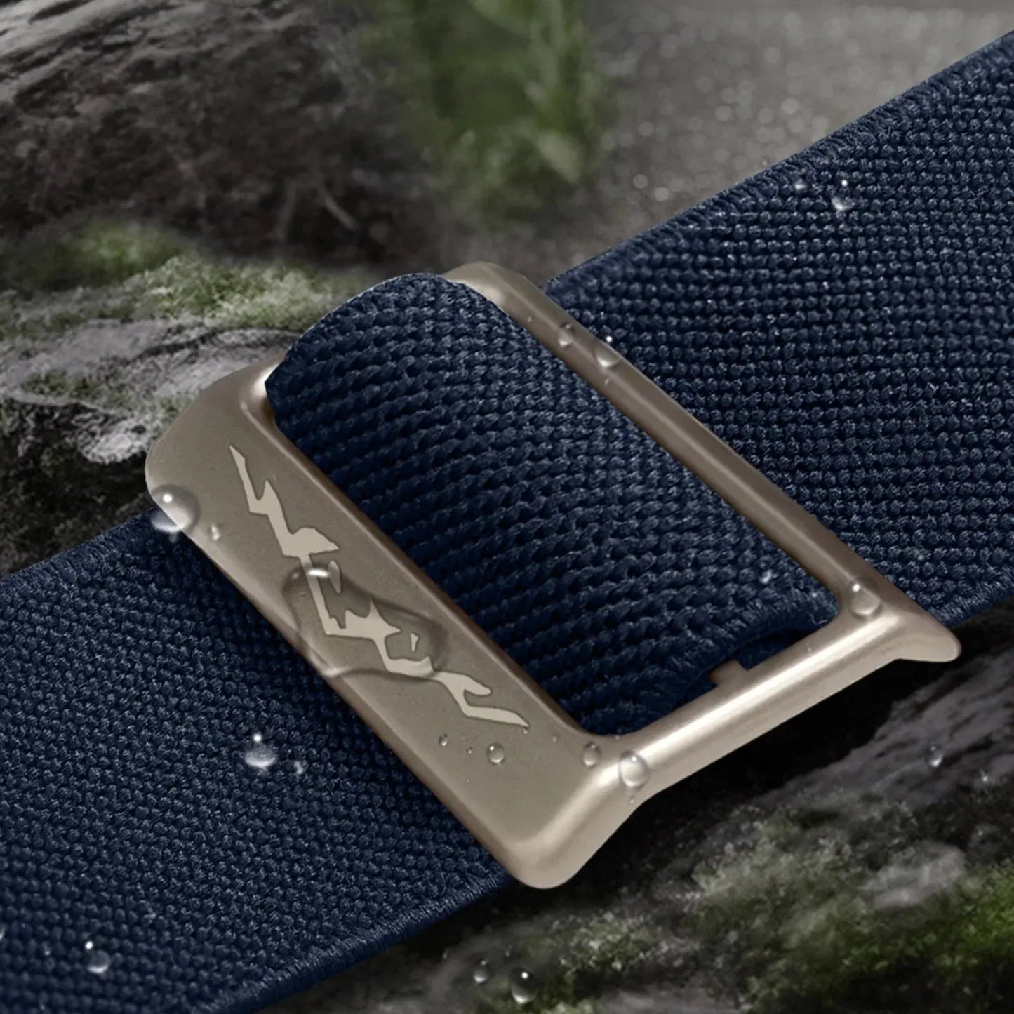 Nylon elastic strap with titanium buckle, water-resistant design for Apple Watch bands, available in navy color, durable and stylish.