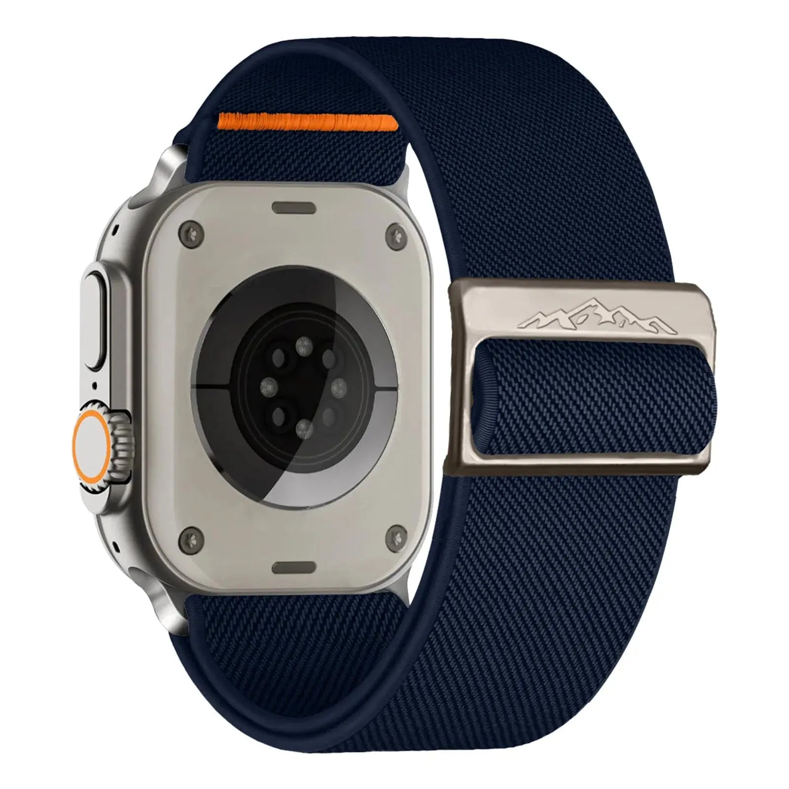 Nylon elastic strap with titanium buckle for Apple Watch, suitable for 45mm, 44mm, 41mm, and 49mm models.
