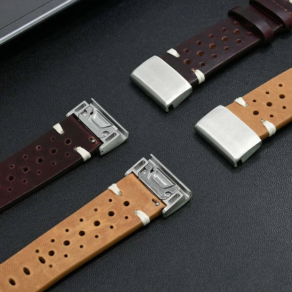 Leather Band for Garmin Fenix 7X/6X/5X, Enduro & MARQ (22/26mm) in brown and dark leather with stainless steel buckles.