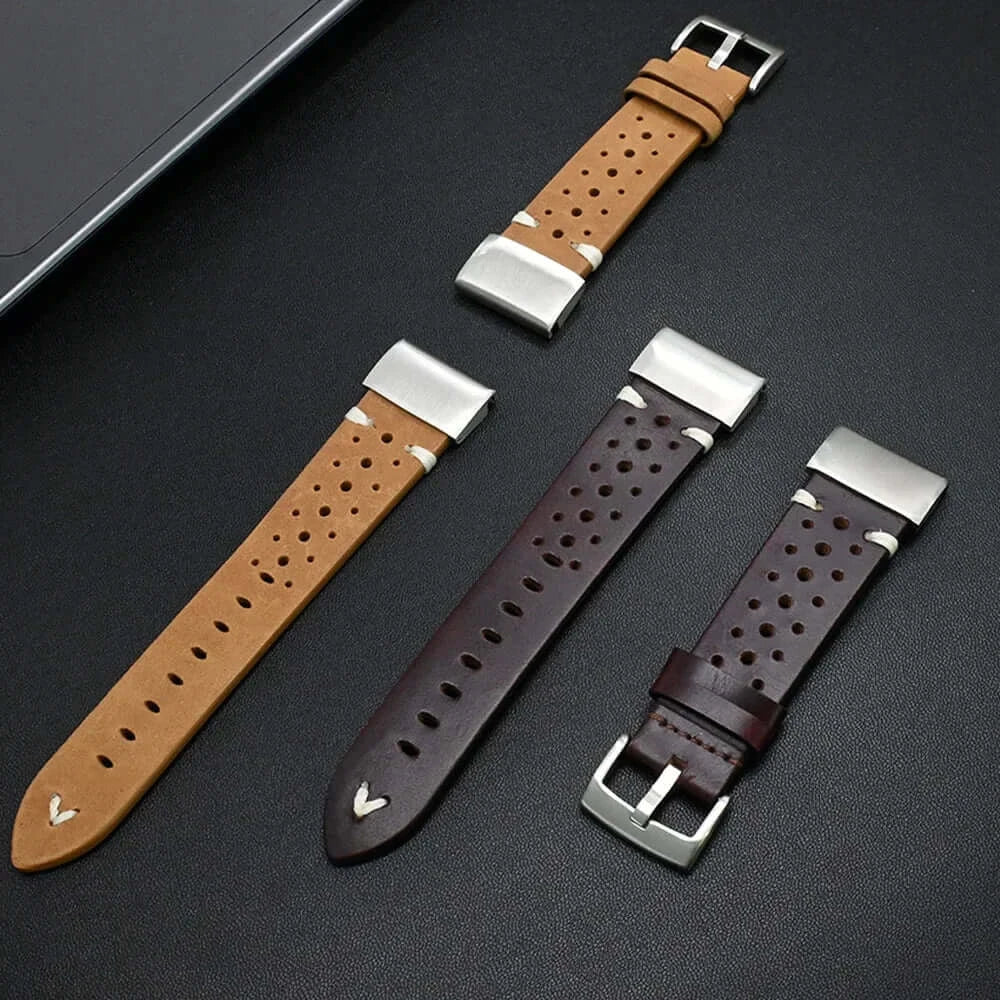 Leather Band for Garmin Fenix 7X/6X/5X, Enduro & MARQ (22/26mm) in light and dark brown leather with stainless steel buckles.