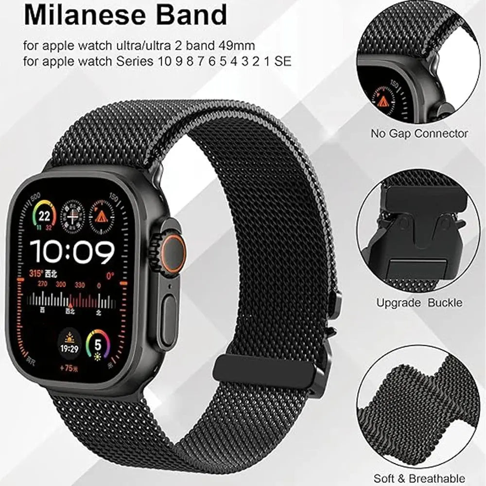 Metal Mesh Loop Milanese Band for Apple Watch Ultra, 49mm, soft, breathable, secure upgrade buckle, no gap connector.