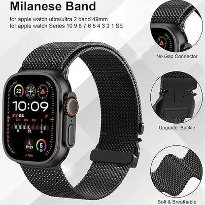 Metal Mesh Loop Milanese Band for Apple Watch Ultra, 49mm, soft, breathable, secure upgrade buckle, no gap connector.