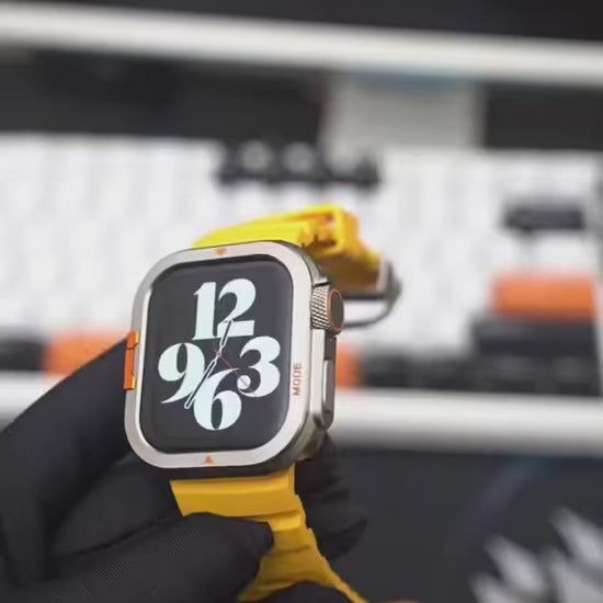 Aluminum Alloy Armor Case for Apple Watch Ultra 3/2/1 & Series 11/10 (46/49mm) with yellow strap.