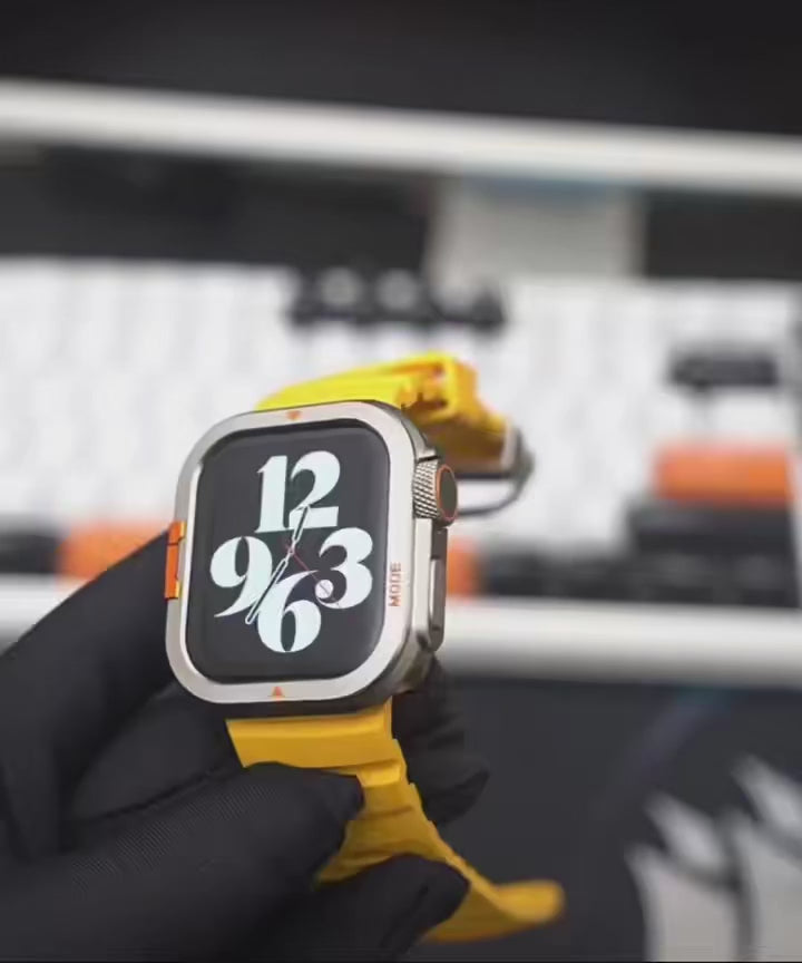 Aluminum Alloy Armor Case for Apple Watch Ultra 3/2/1 & Series 11/10 (46/49mm) with yellow strap.