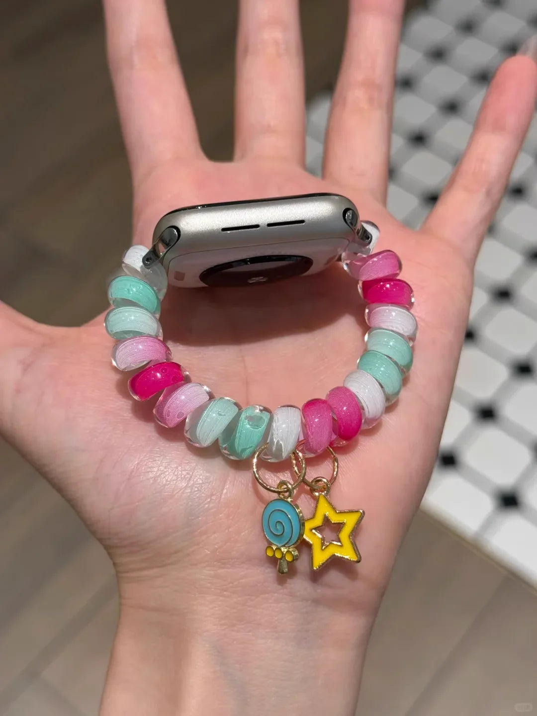 Rainbow Scrunchie Bracelet Apple Watch Band 38–49mm – Elastic Charm Strap with colorful beads and charms