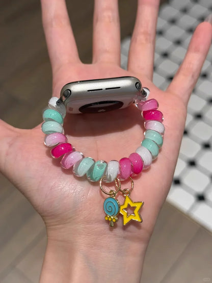 Rainbow Scrunchie Bracelet Apple Watch Band 38–49mm – Elastic Charm Strap with colorful beads and charms