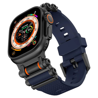 Rugged Rocky Band for Apple Watch, silicone strap, compatible with iSeries 3-9, unisex watchband, navy blue design.