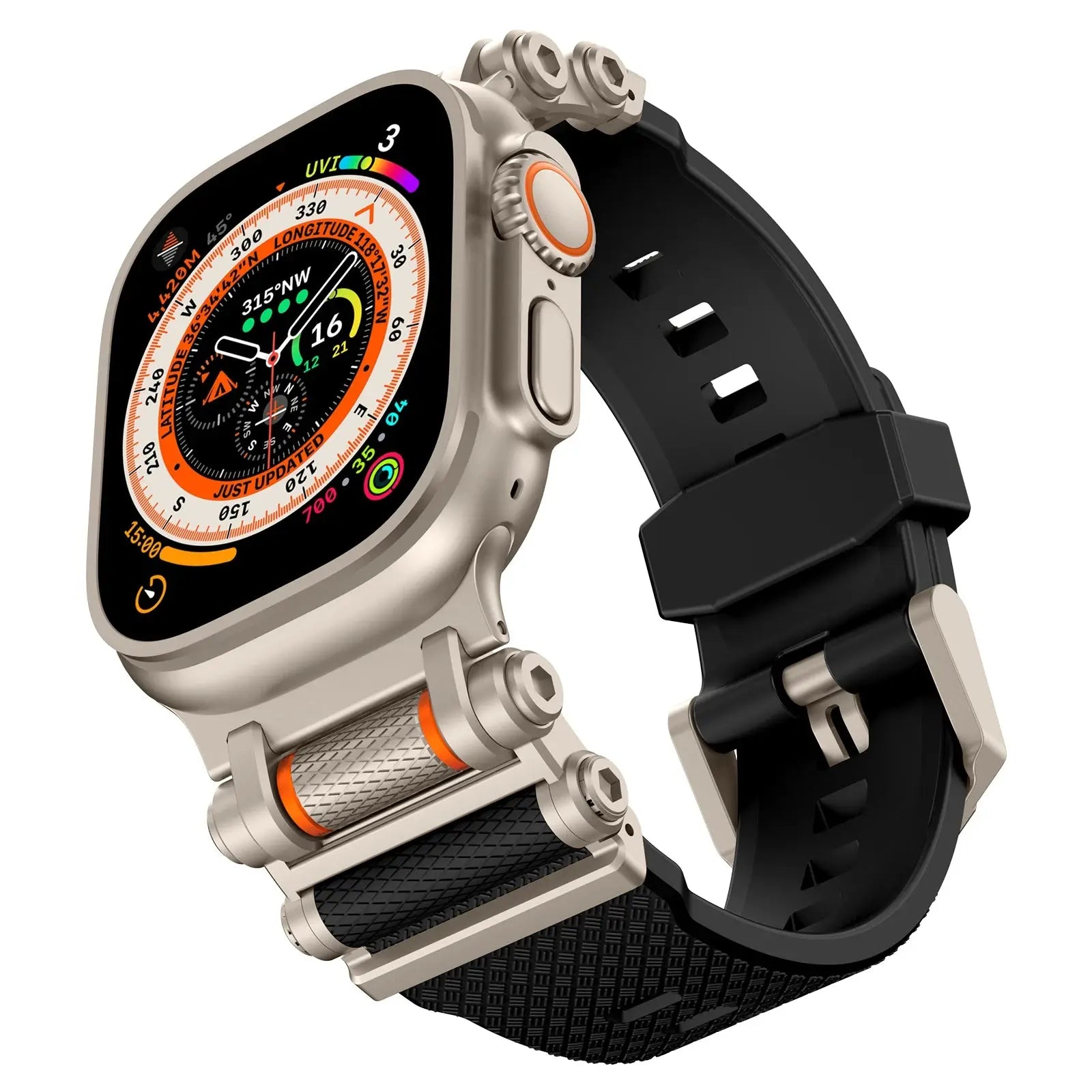 Rugged The Rocky Band for Apple Watch in black and silver on smartwatch, designed for adventure and durability.
