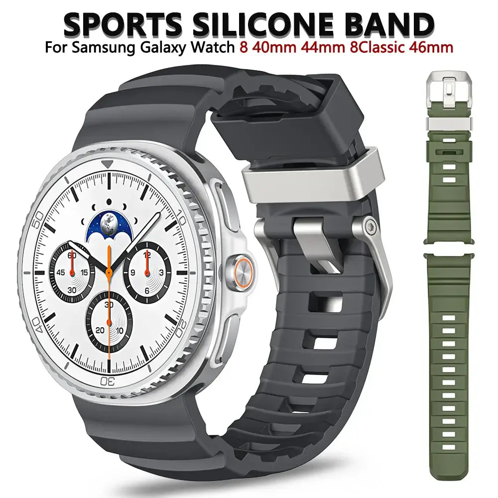 Sports Silicon Rugged Samsung Galaxy Watch 8 Band displayed on a smartwatch, showcasing its durability and style.
