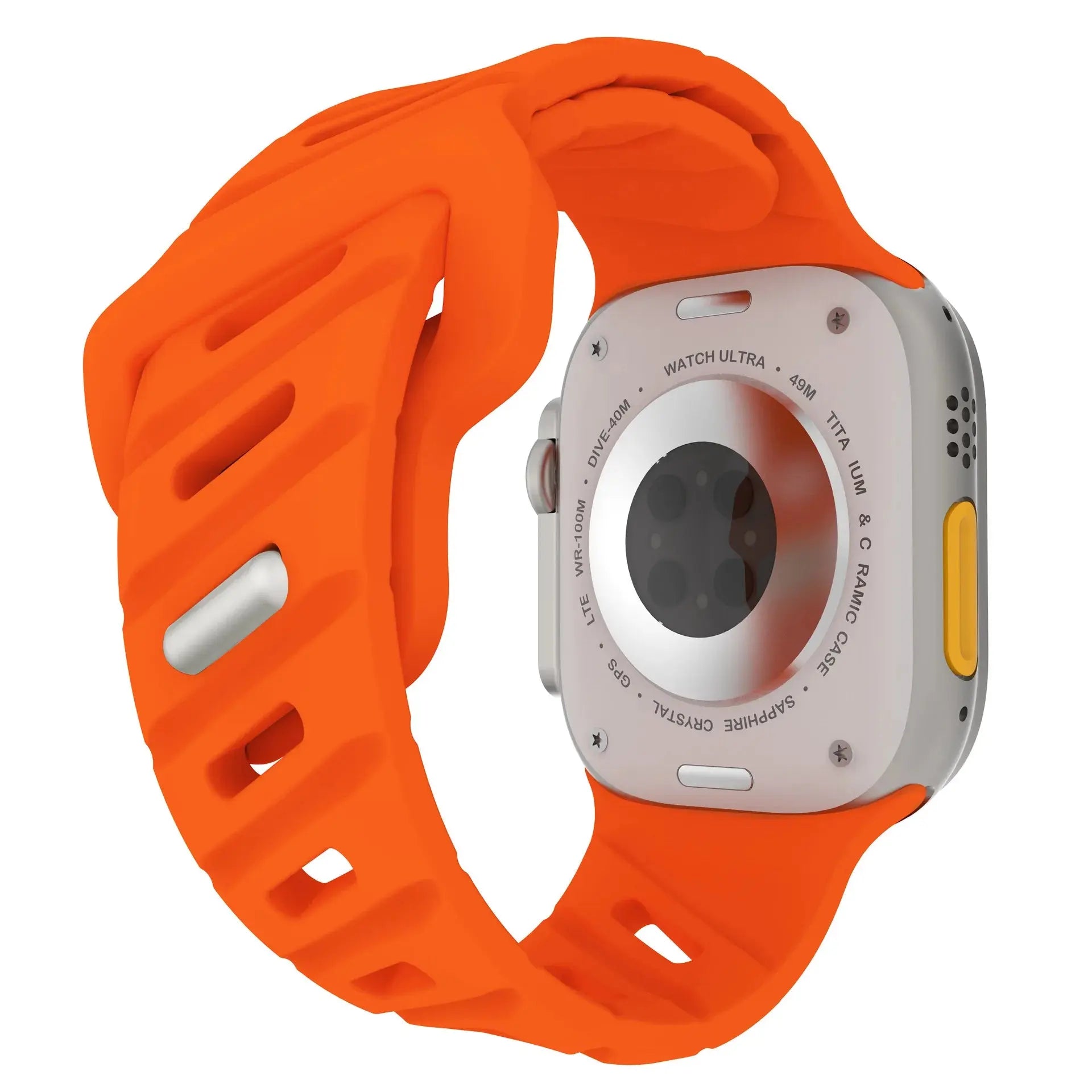 Rugged sporty orange silicone strap for Apple Watch, unisex, compatible with series 3-9, stainless steel connector.