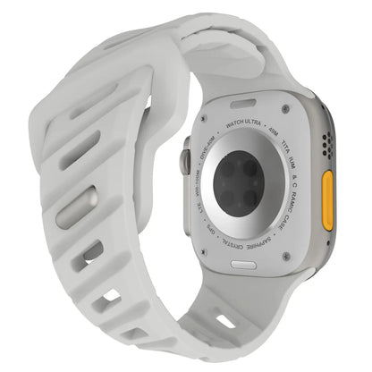 Rugged sporty silicon strap in white for Apple Watch, compatible with various models and designed for men and women.