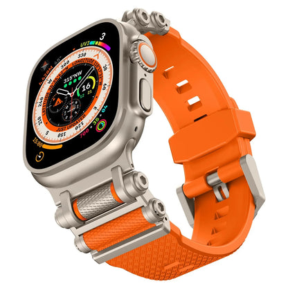 Rugged Rocky Band for Apple Watch in orange silicone, suitable for men and women, features stainless steel connectors.