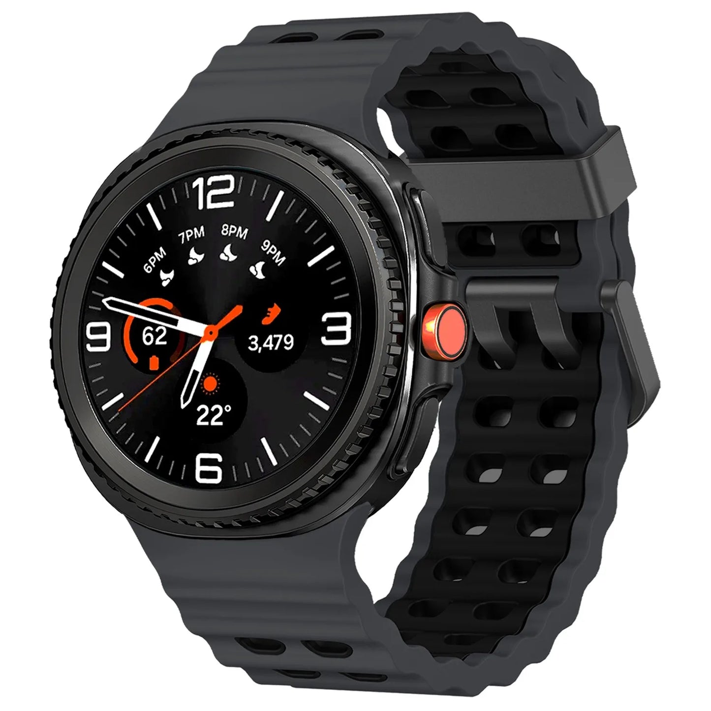 Silicone Breathable Sport Band for Samsung Galaxy Watch 8/Classic 46mm on a black watch with digital display.
