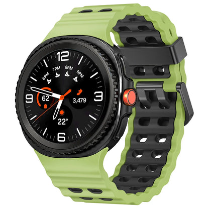 Silicone Breathable Sport Band for Samsung Galaxy Watch 8/Classic 46mm in green and black design with air vents.