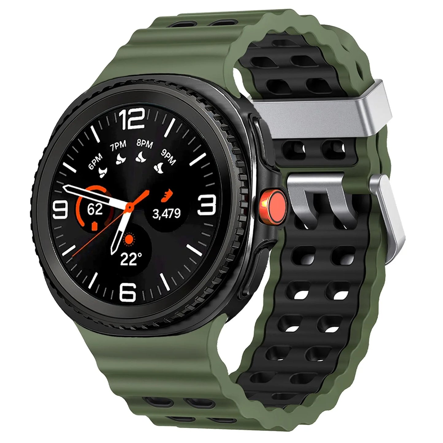 Silicone Breathable Sport Band for Samsung Galaxy Watch 8/Classic 46mm in green on a black watch face.