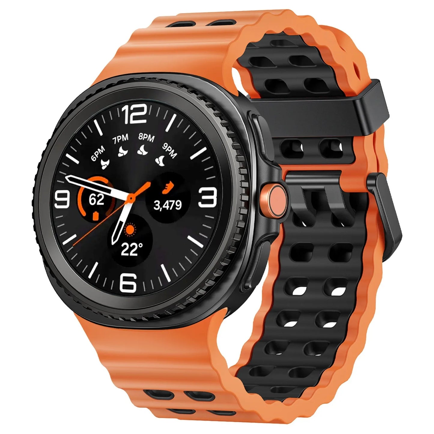 Silicone Breathable Sport Band for Samsung Galaxy Watch 8/Classic 46mm in orange and black design.