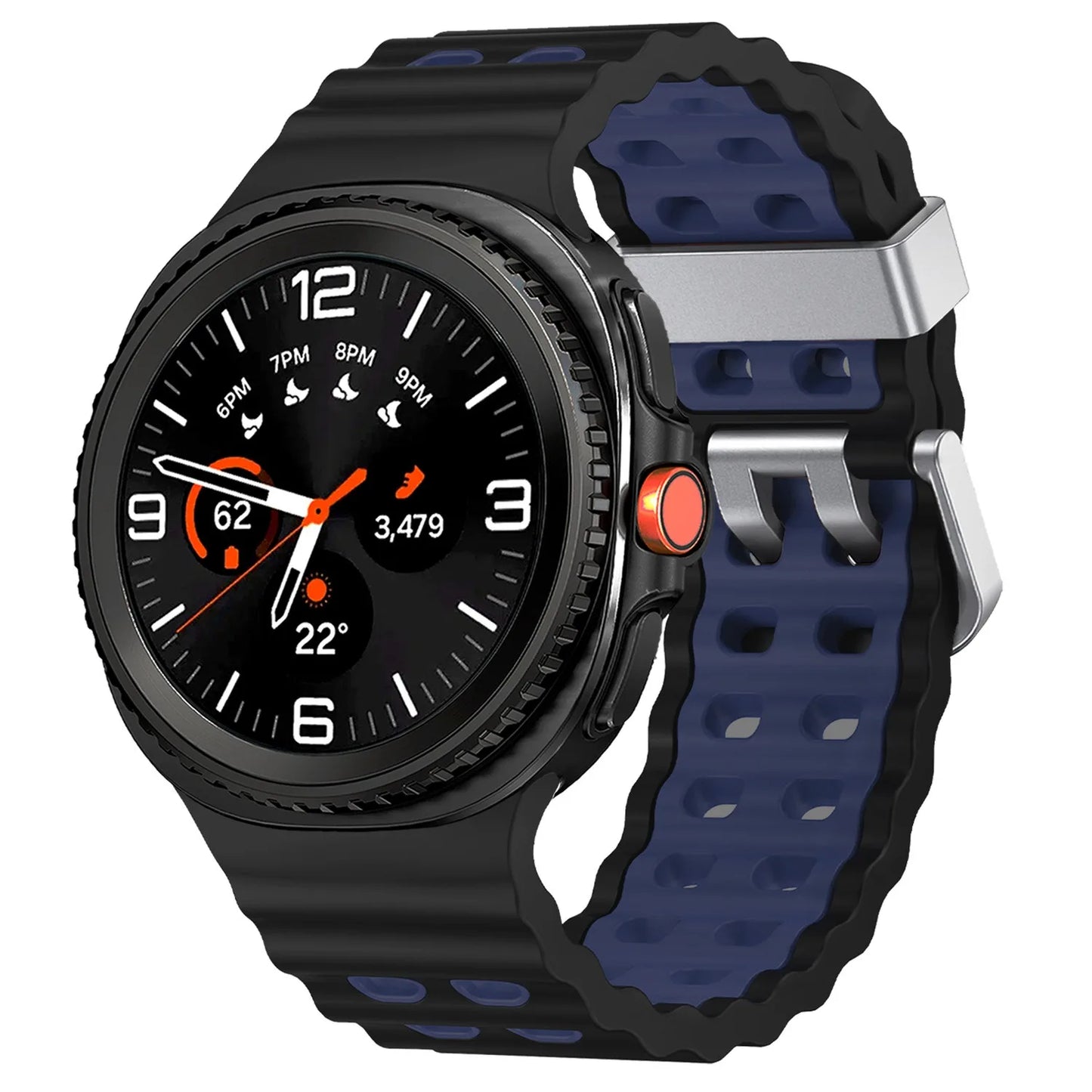 Silicone Breathable Sport Band for Samsung Galaxy Watch 8/Classic 46mm with black and blue ventilation design.