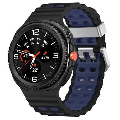 Silicone Breathable Sport Band for Samsung Galaxy Watch 8/Classic 46mm with black and blue ventilation design.