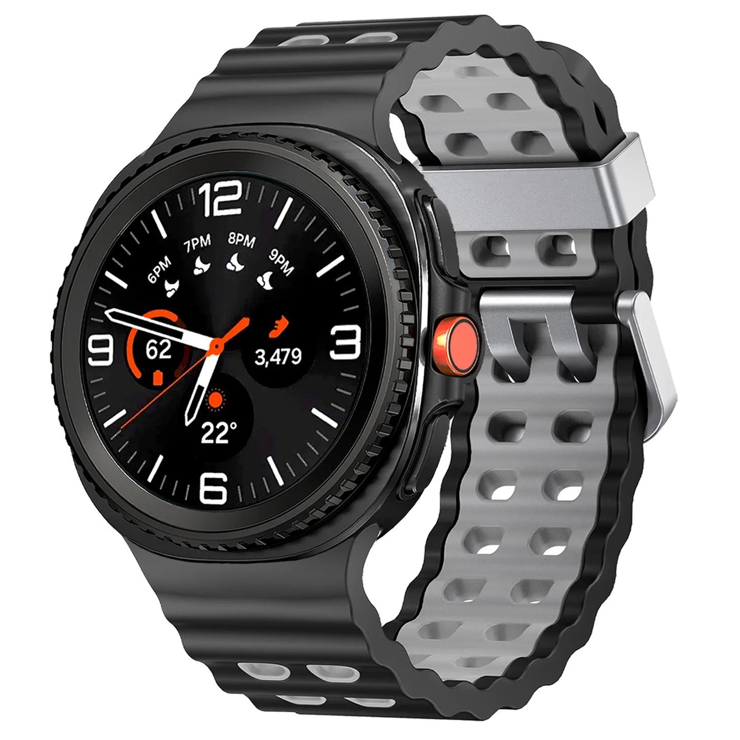 Silicone Breathable Sport Band for Samsung Galaxy Watch 8/Classic 46mm on a black smartwatch.