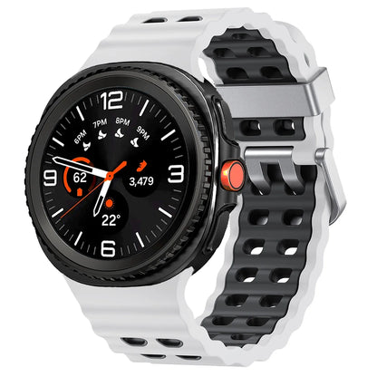 Silicone Breathable Sport Band for Samsung Galaxy Watch 8/Classic 46mm in grey and black, featuring air vents for comfort.