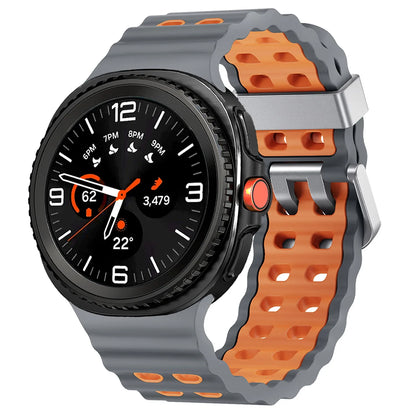 Silicone Breathable Sport Band for Samsung Galaxy Watch 8/Classic 46mm in grey and orange on a smartwatch.