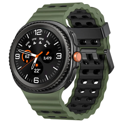 Silicone Breathable Sport Band for Samsung Galaxy Watch 8/Classic 46mm in green fitted on a black smartwatch.