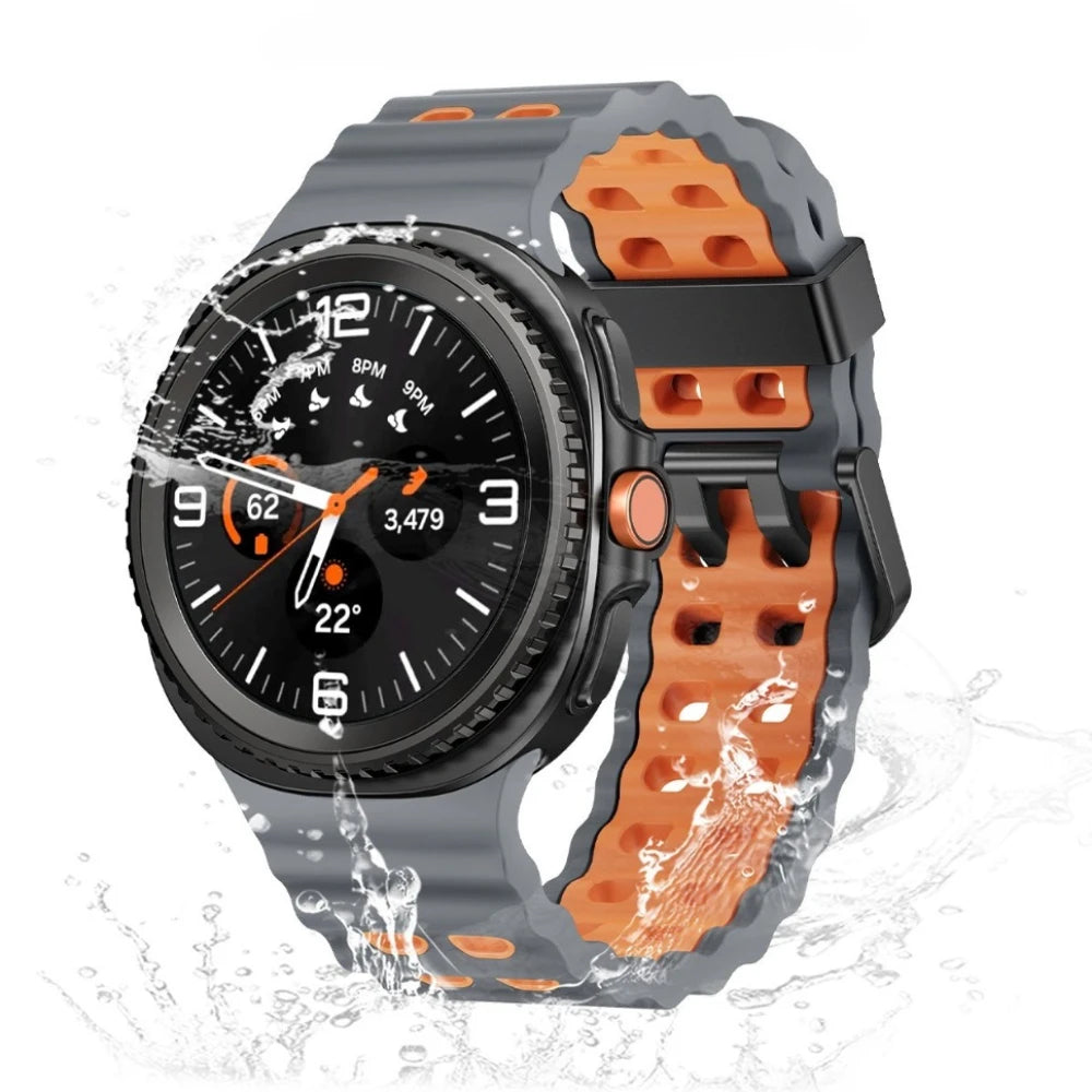 Silicone Breathable Sport Band for Samsung Galaxy Watch 8/Classic 46mm shown in action with water resistance features.