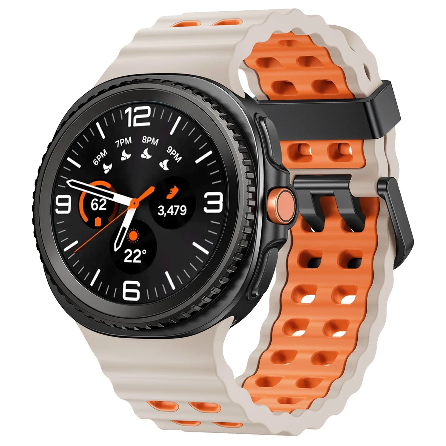 Silicone Breathable Sport Band for Samsung Galaxy Watch 8/Classic 46mm on a smartwatch with orange and white design